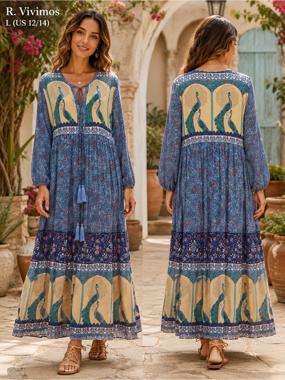 R.Vivimos Peacock Print Boho Maxi Dress LG 12/14 Tassel Tie Festival flowy light